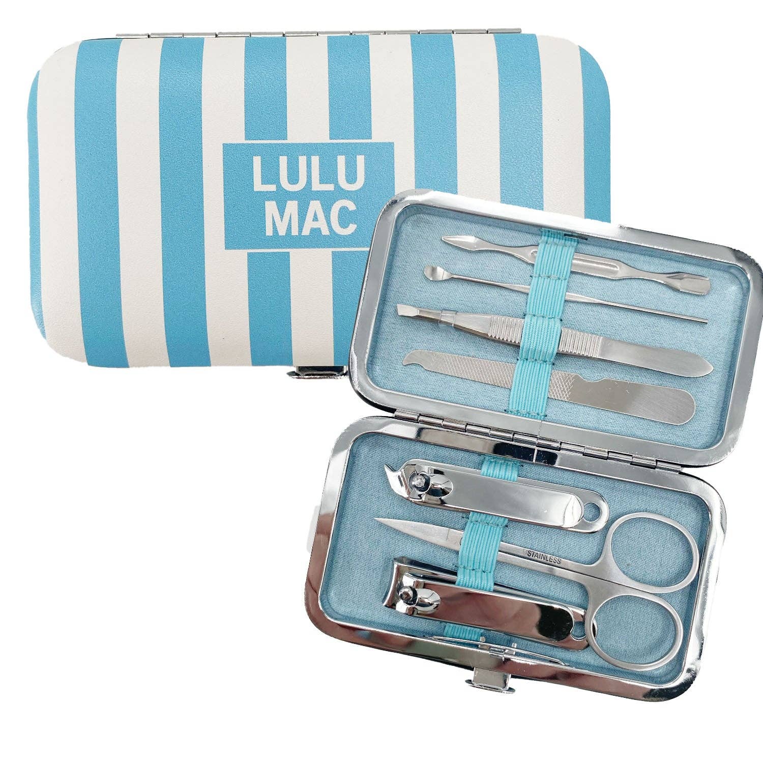 Manicure set with tools and a striped case labeled 'LULU MAC' on a white background