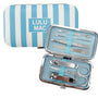 Manicure set with tools and a striped case labeled 'LULU MAC' on a white background