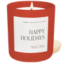Red candle with a 'Happy Holidays' label on a white background