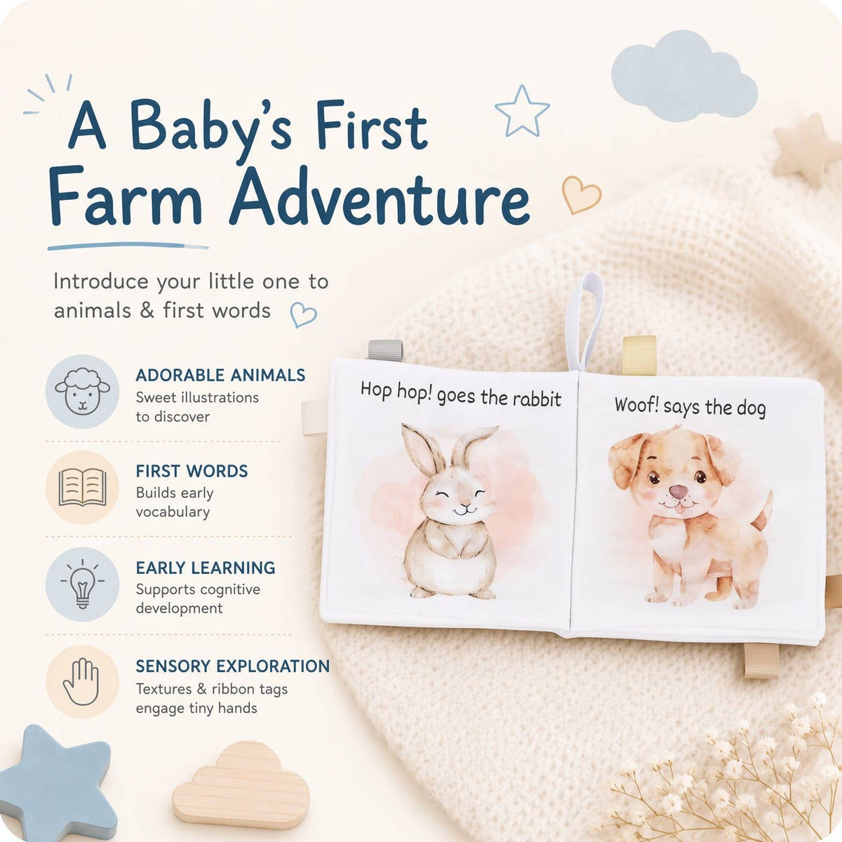 Soft farm adventure cloth baby book graphic showing open pages and animal sounds