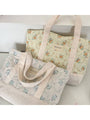Quilted floral tote bag with cream striped handles and light blue flower print