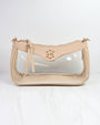 Beige handbag with clear front section on a white background