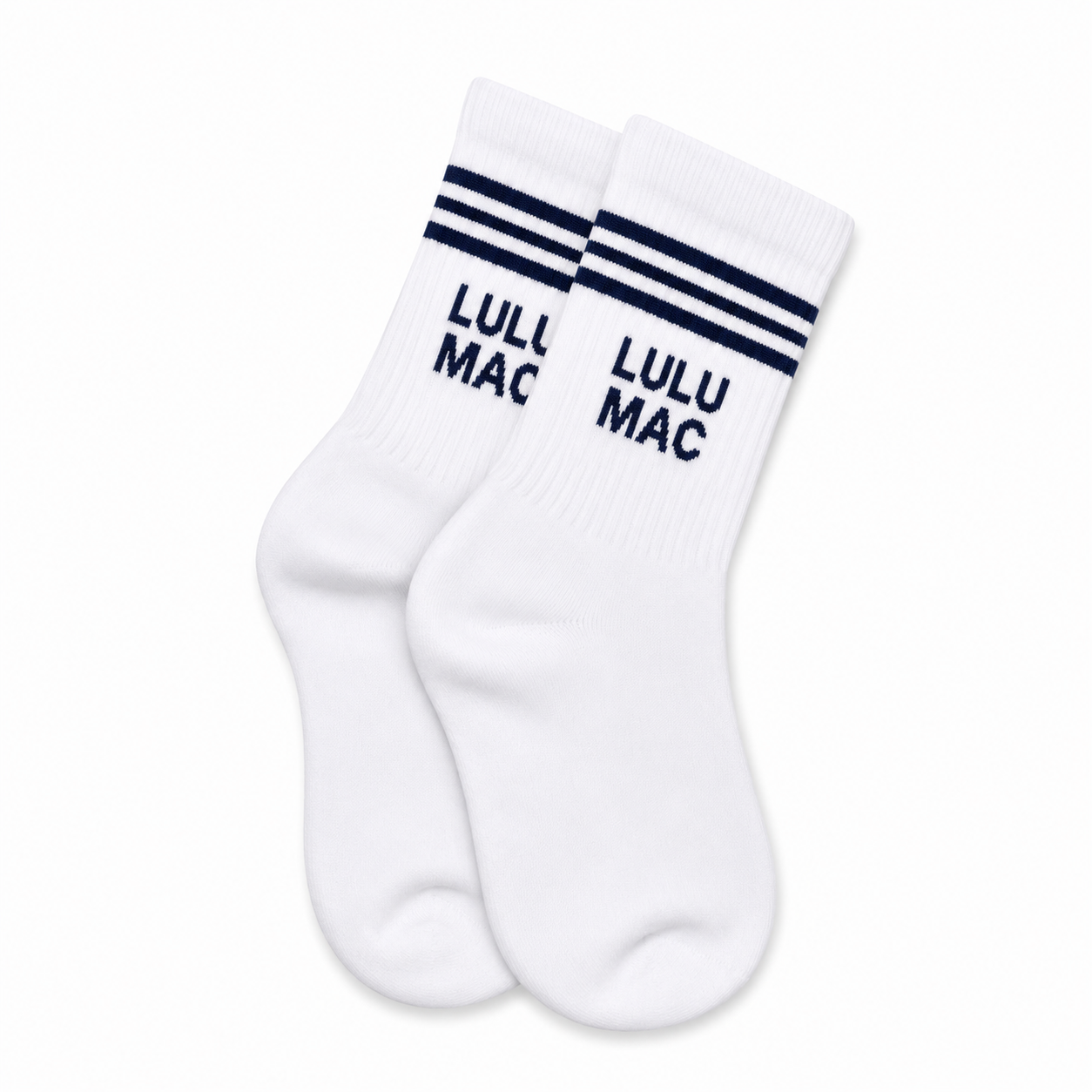 Lulu Mac half-crew socks, white with navy stripes and Lulu Mac text, single pair