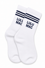 Lulu Mac half-crew socks, white with navy stripes and Lulu Mac text, single pair