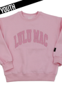 Pink sweatshirt with 'LULU MAC' text on a white background
