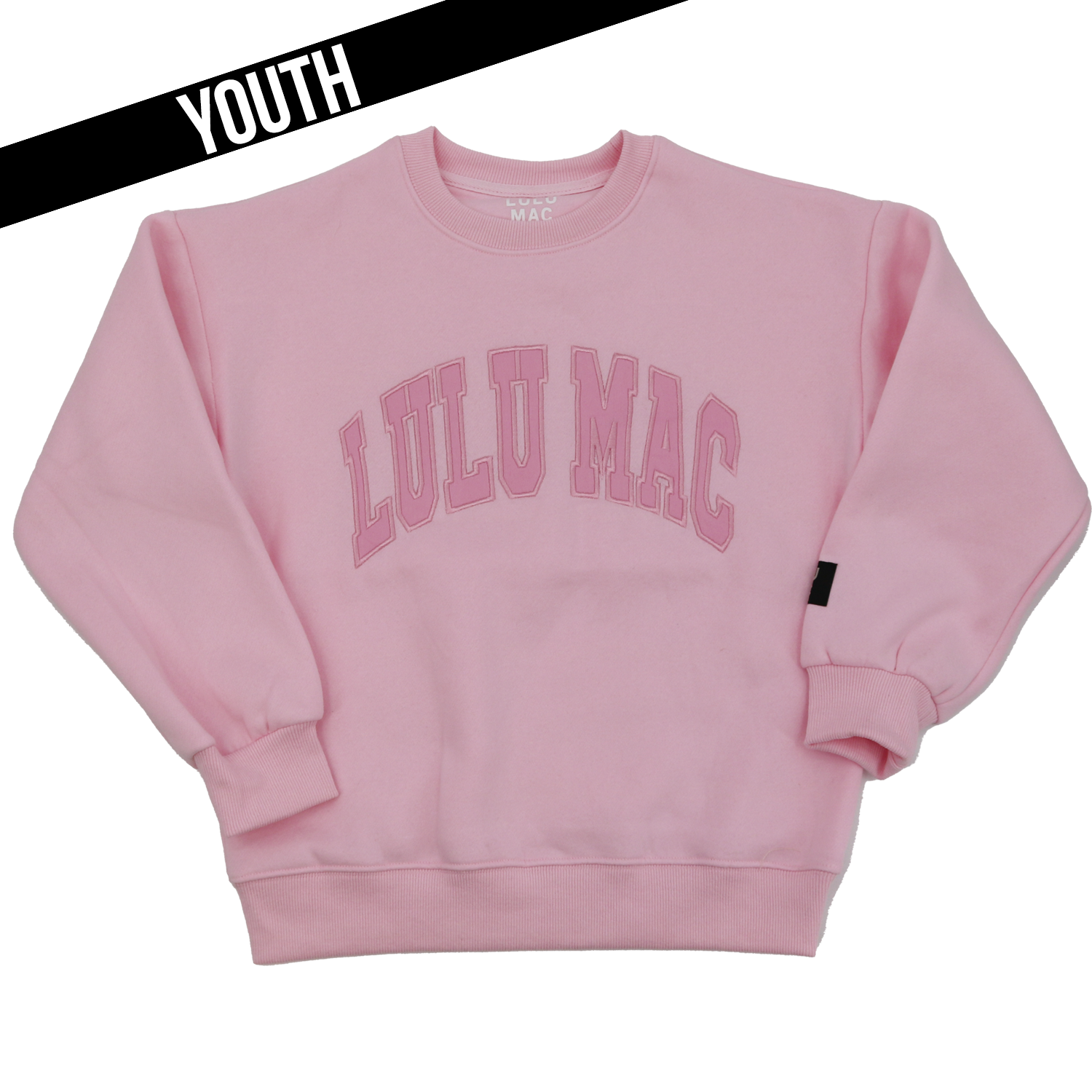 Pink sweatshirt with 'LULU MAC' text on a white background