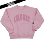 Pink sweatshirt with 'LULU MAC' text on a white background