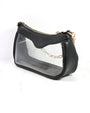 Black handbag with clear front panel and gold chain detail on a white background