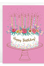 Birthday card with a cake illustration and 'Happy Birthday!' text on a pink background