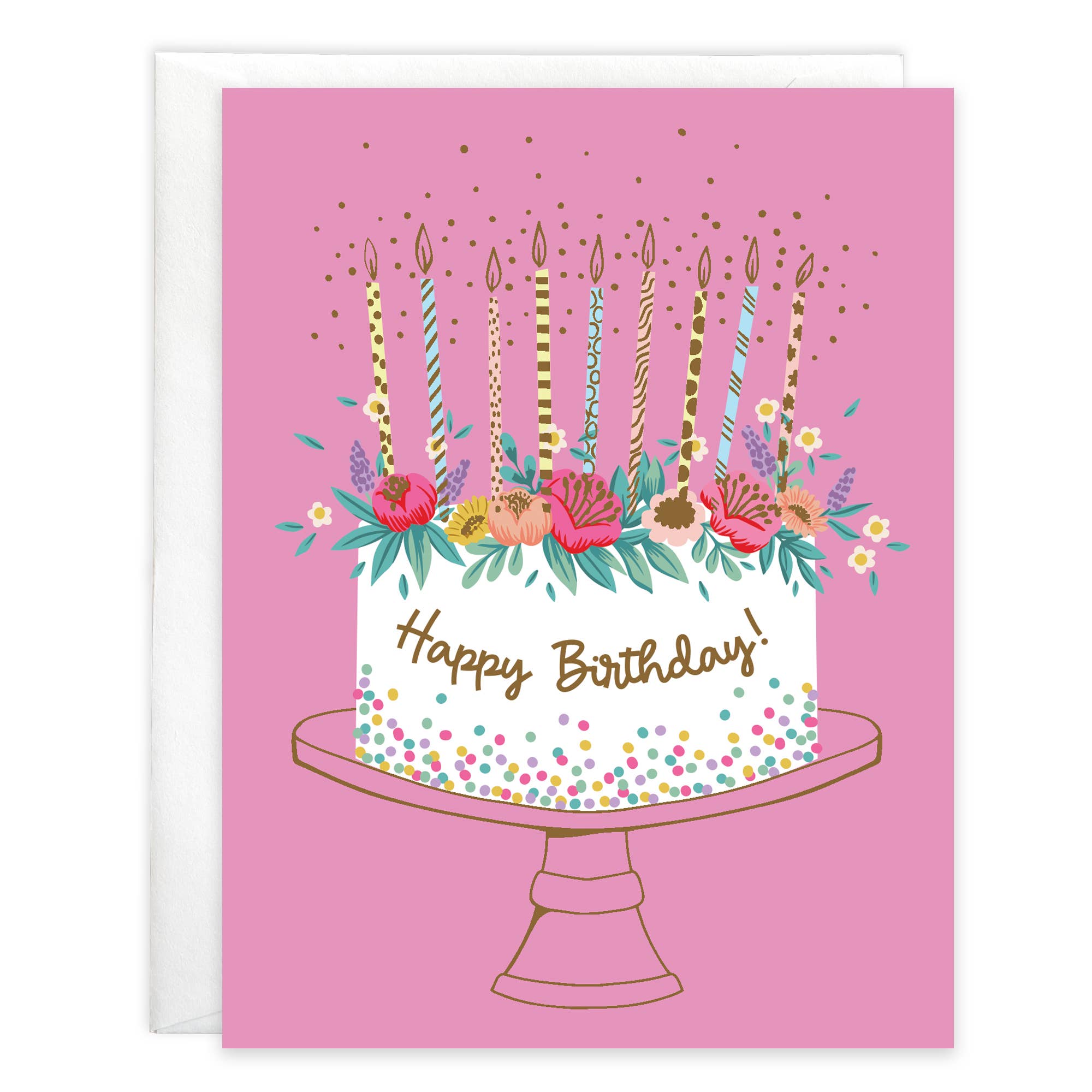 Birthday card with a cake illustration and 'Happy Birthday!' text on a pink background