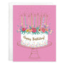 Birthday card with a cake illustration and 'Happy Birthday!' text on a pink background