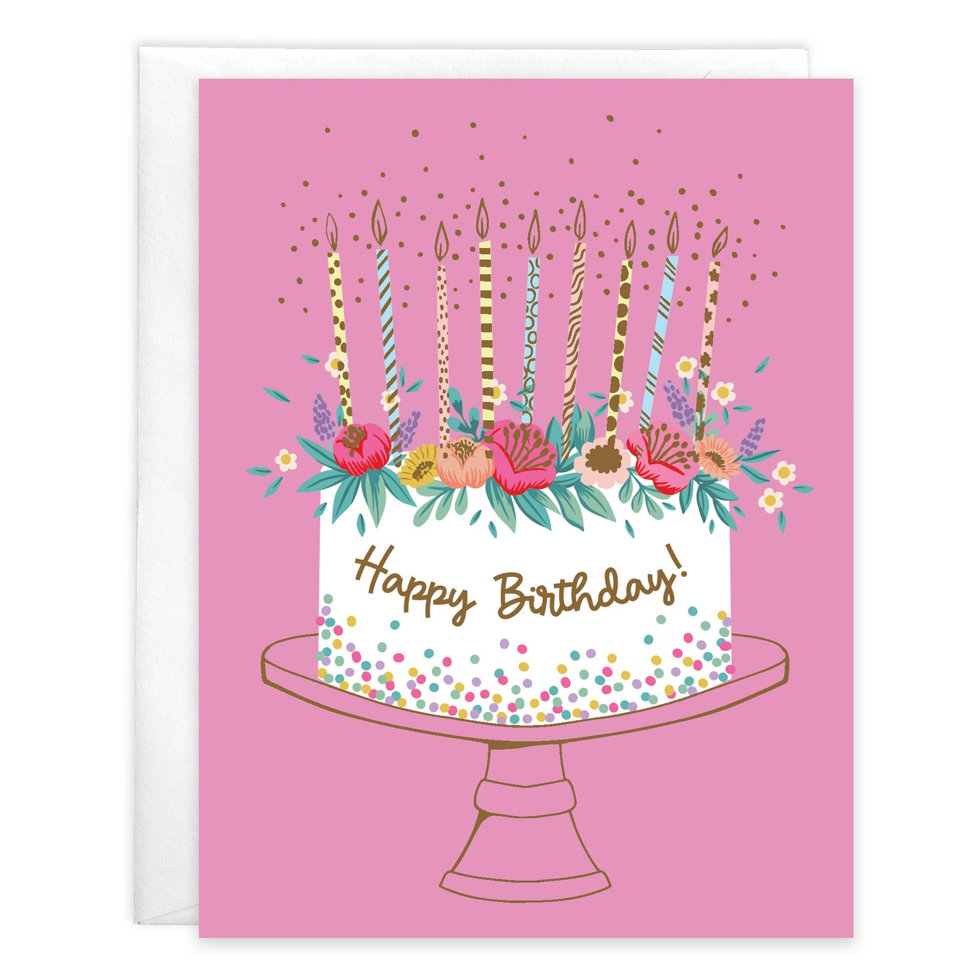 Birthday card with a cake illustration and 'Happy Birthday!' text on a pink background