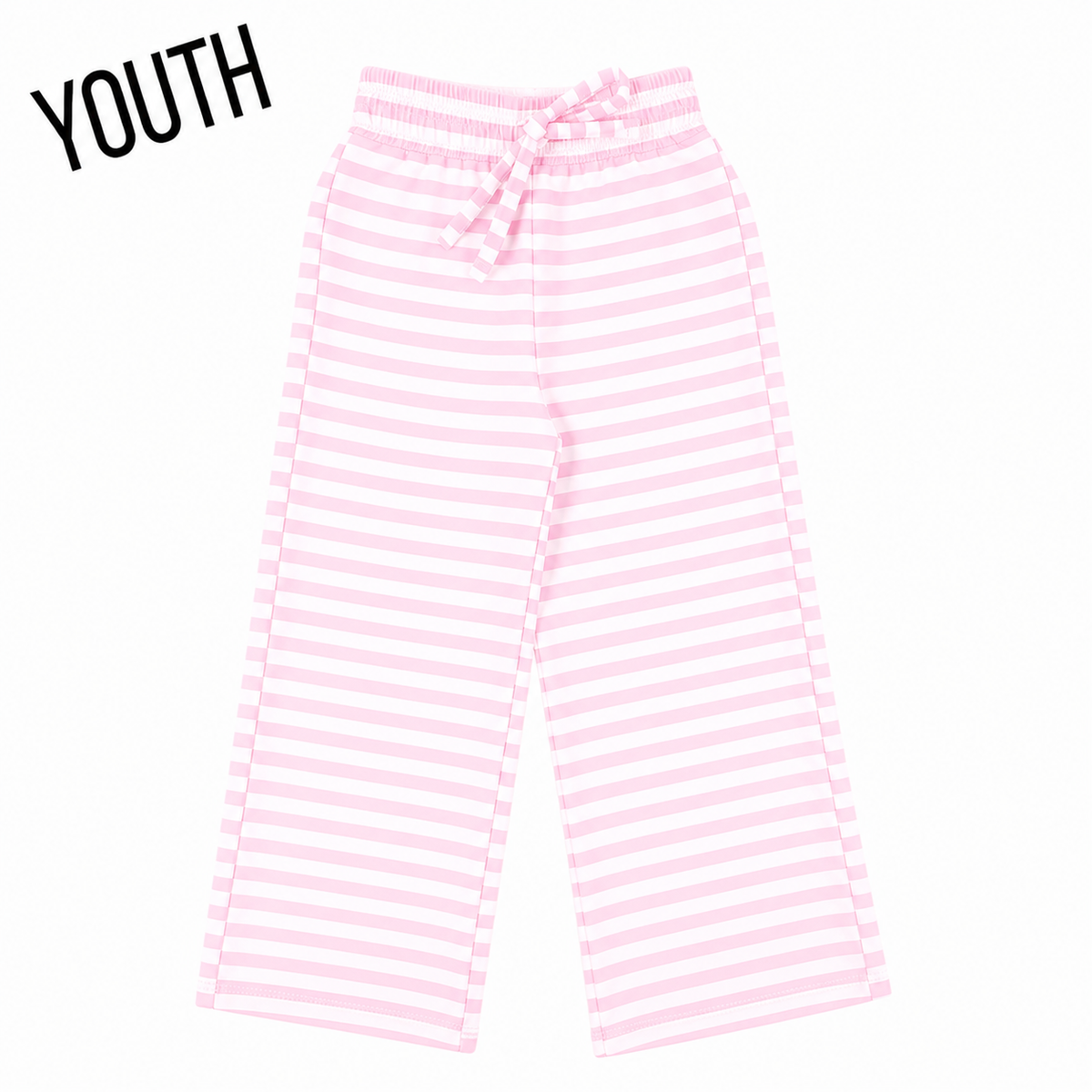 Youth light pink striped pants with drawstring elastic waist and wide leg