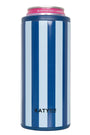 Light blue and blue striped can insulator with navy base and Katydid logo