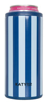Light blue and blue striped can insulator with navy base and Katydid logo