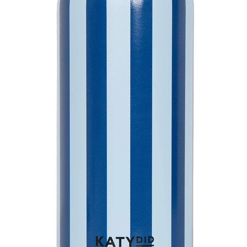 Light blue and blue striped can insulator with navy base and Katydid logo