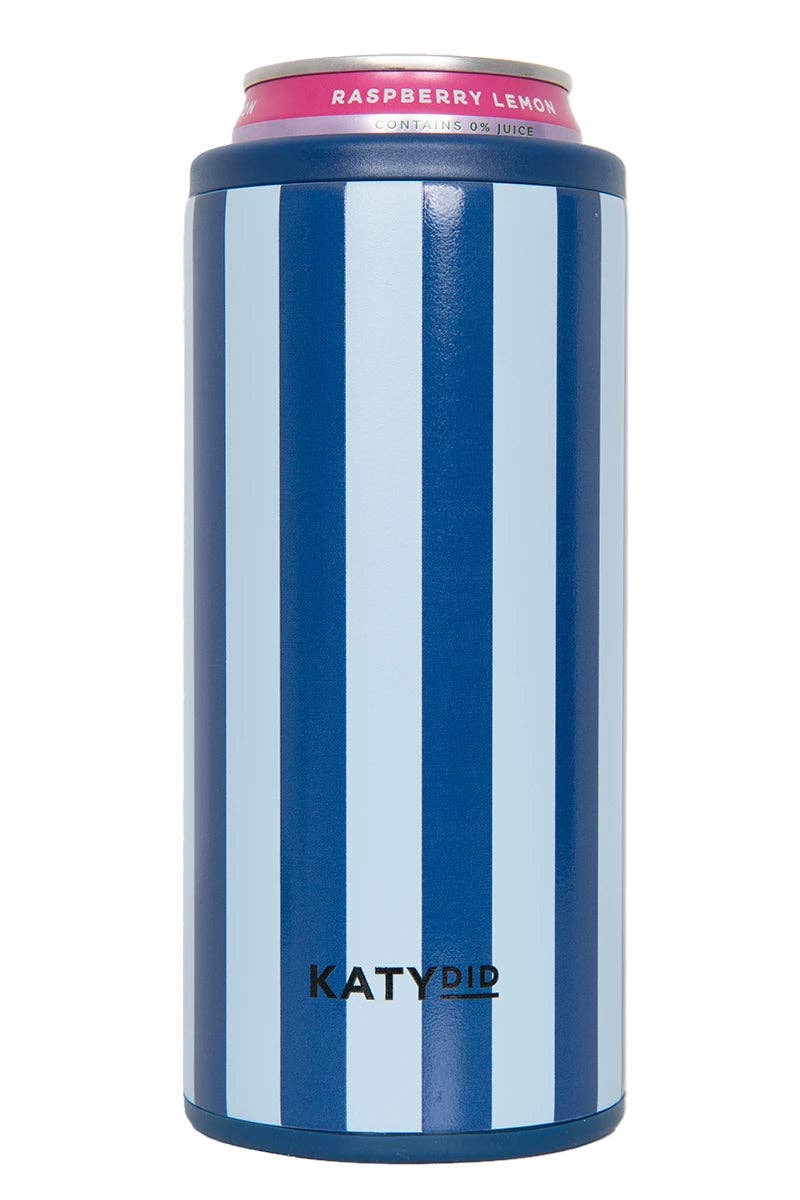 Light blue and blue striped can insulator with navy base and Katydid logo