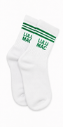 White crew socks with green stripes and Lulu Mac logo, single pair