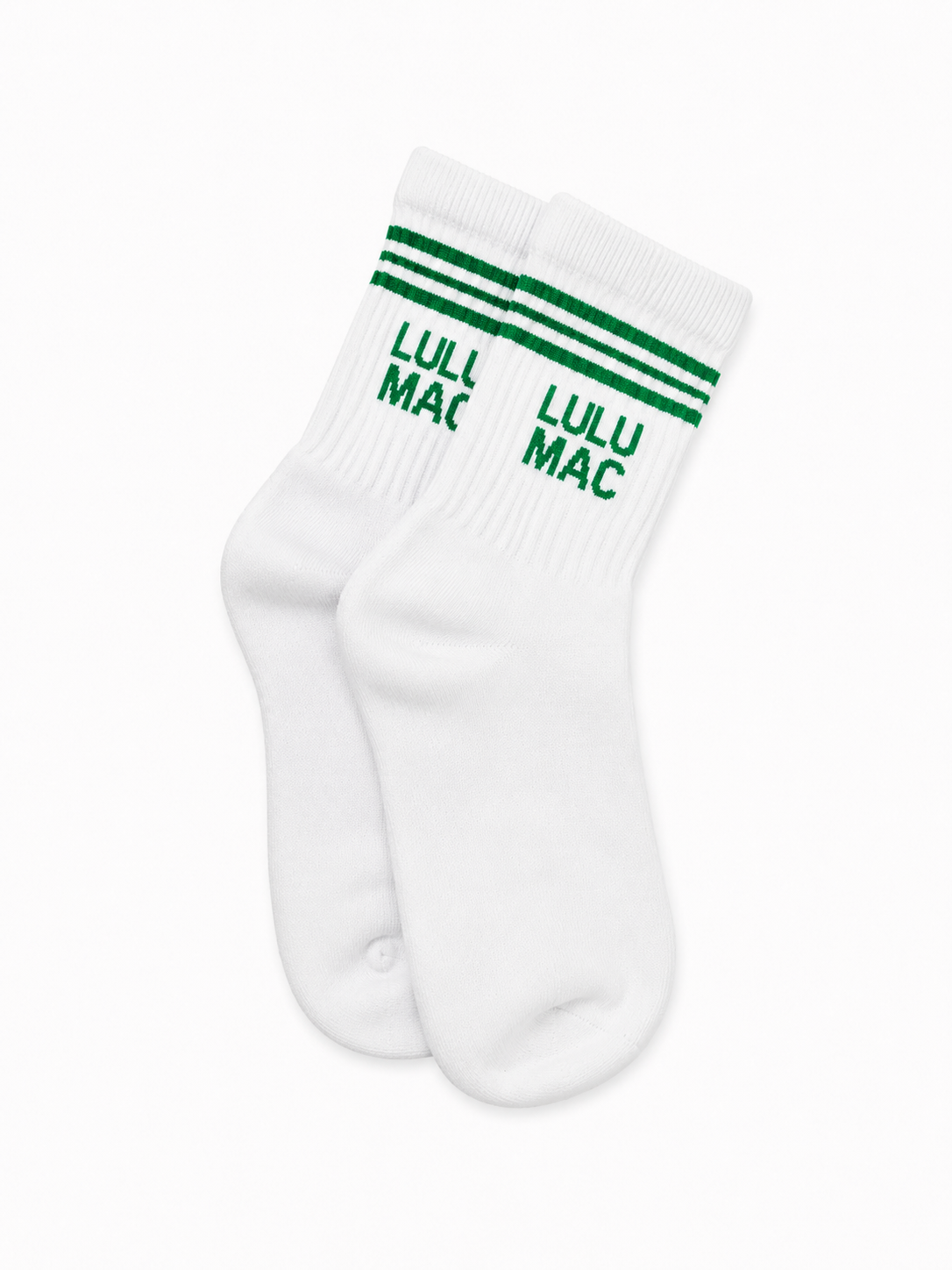 White crew socks with green stripes and Lulu Mac logo, single pair
