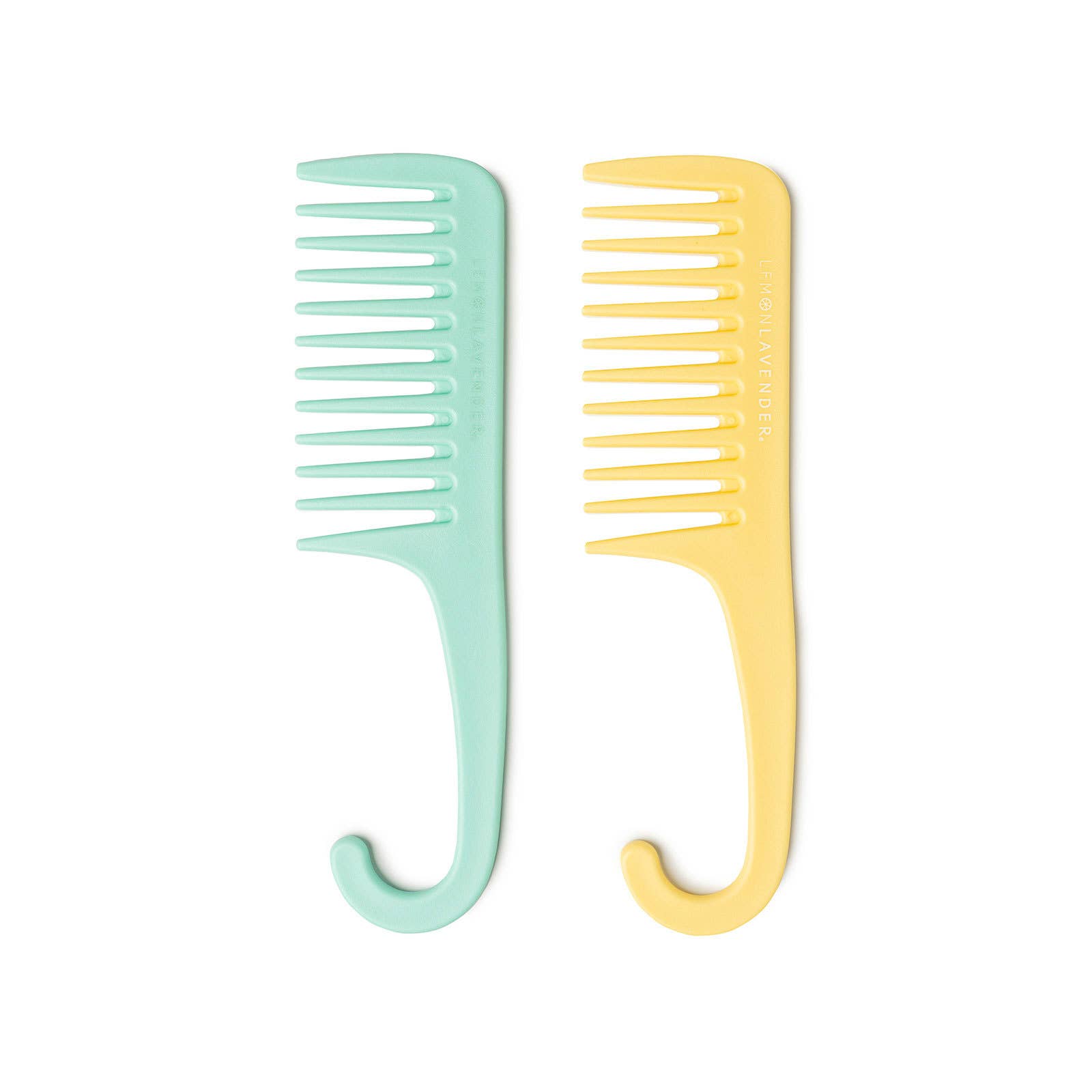 Two combs, one green and one yellow, on a white background