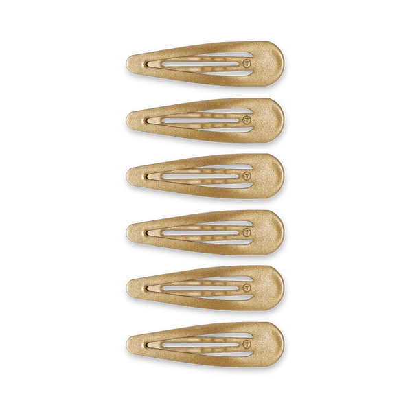 Five gold-toned hair claw clips arranged vertically on a plain white background.