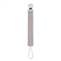 Grey linen pacifier clip with metal clamp and white loop cord
