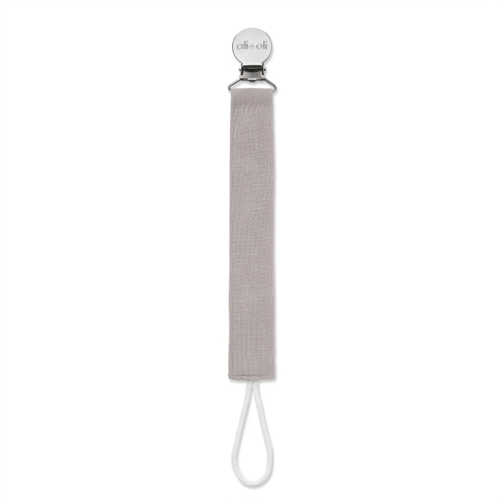 Grey linen pacifier clip with metal clamp and white loop cord