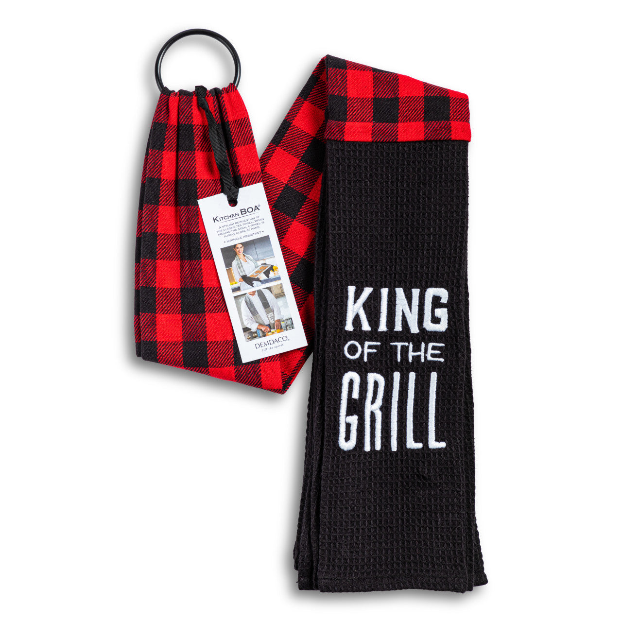 Red and black checkered towel with a black towel labeled 'King of the Grill' on a white background
