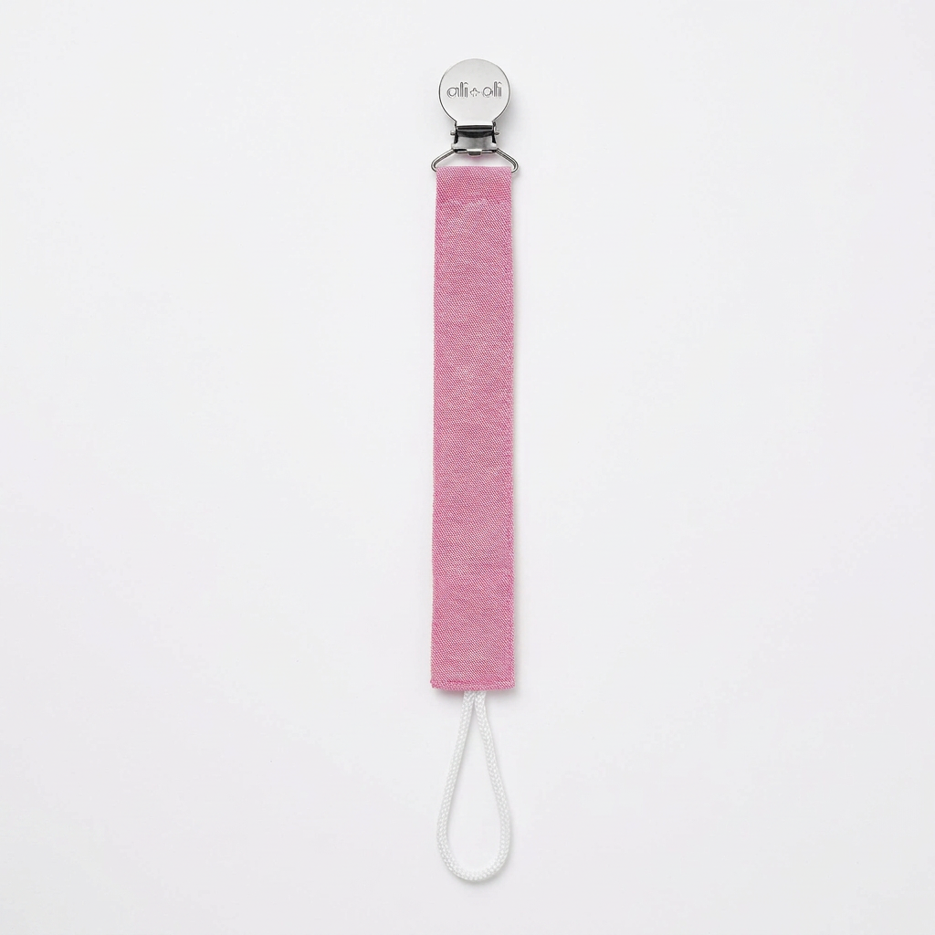 Hot pink linen pacifier clip with metal clamp and white loop cord