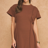 Brown short-sleeve mini sweater dress with crew neck, ribbed knit and fitted silhouette.