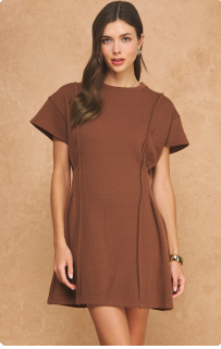 Brown short-sleeve mini sweater dress with crew neck, ribbed knit and fitted silhouette.