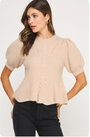 Oatmeal puff-sleeve peplum sweater with short sleeves, cable-knit texture