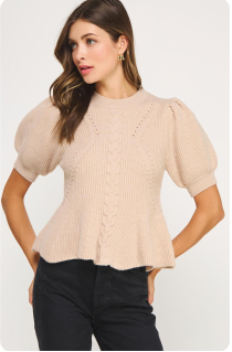 Oatmeal puff-sleeve peplum sweater with short sleeves, cable-knit texture