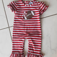 Red and white striped baby romper with a teddy bear design on a tiled floor.