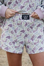 Lulu Mac waffle camo shorts, light purple with multicolor pattern, front pockets