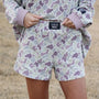 Lulu Mac waffle camo shorts, light purple with multicolor pattern, front pockets