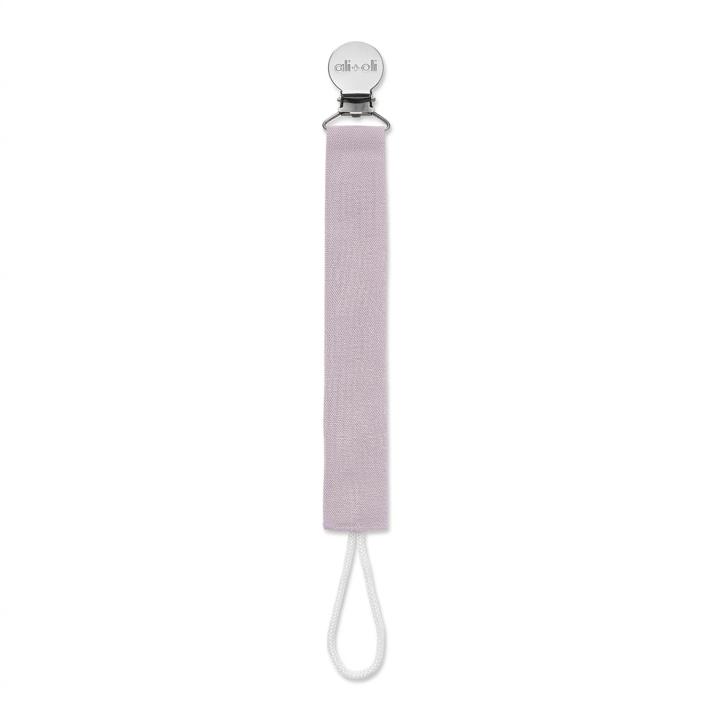 Lavender linen pacifier clip with metal clamp and white loop cord