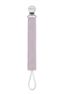 Lavender linen pacifier clip with metal clamp and white loop cord