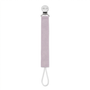 Lavender linen pacifier clip with metal clamp and white loop cord