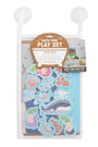 Bath time play set packaging with sea-themed illustrations on a white background