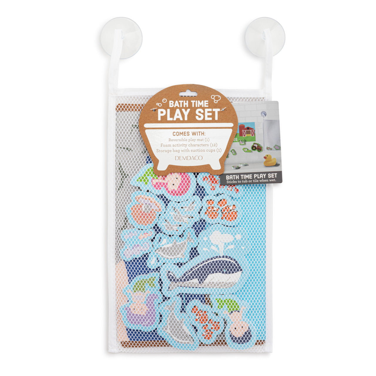 Bath time play set packaging with sea-themed illustrations on a white background