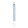 Light blue linen pacifier clip with metal clamp and white loop cord