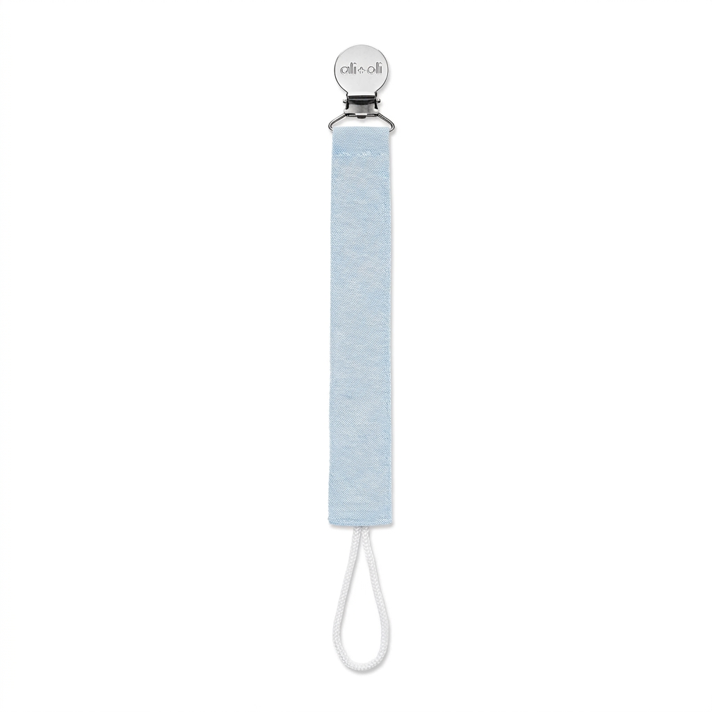 Light blue linen pacifier clip with metal clamp and white loop cord