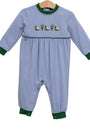 Blue and green striped baby romper with duck design on a white background