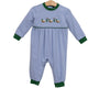 Blue and green striped baby romper with duck design on a white background