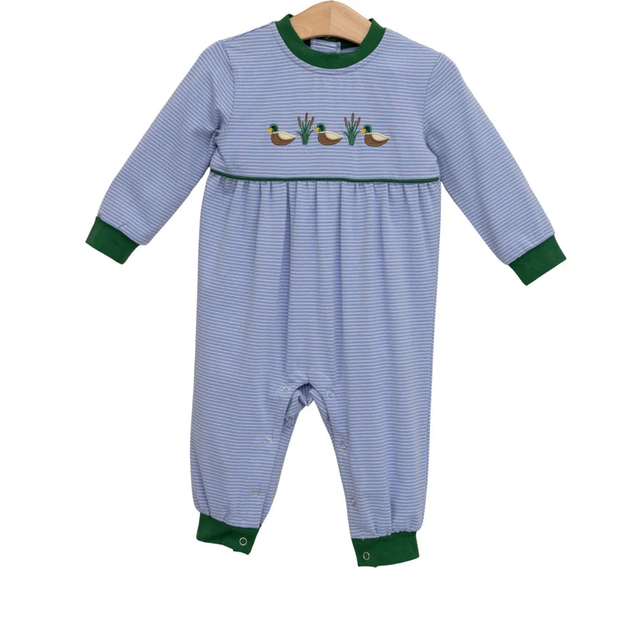 Blue and green striped baby romper with duck design on a white background