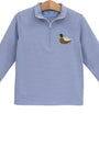 A long-sleeve quarter-zip pullover shirt in light blue and white stripes, featuring a small embroidered mallard duck on the left chest, displayed on a wooden hanger against a white background.