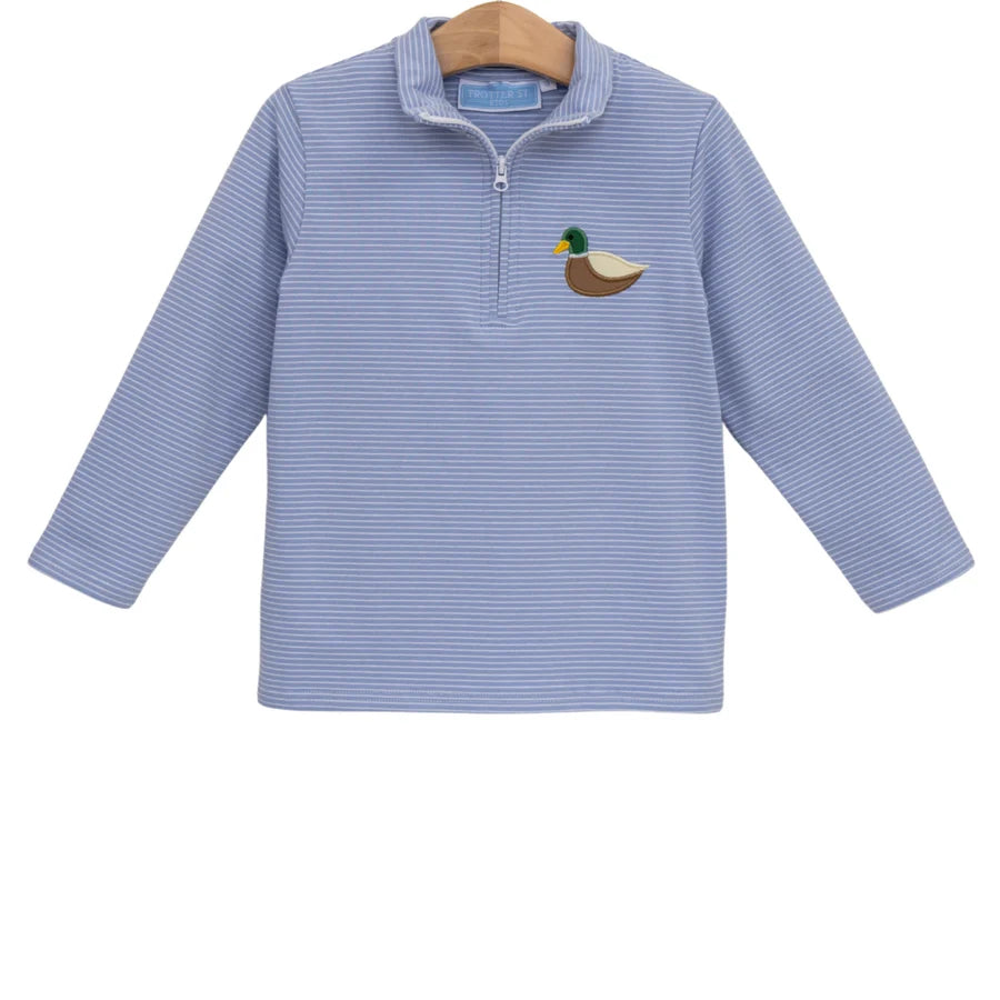 A long-sleeve quarter-zip pullover shirt in light blue and white stripes, featuring a small embroidered mallard duck on the left chest, displayed on a wooden hanger against a white background.
