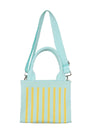 Light blue handbag with yellow stripes on a white background