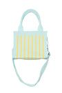 Light blue handbag with yellow stripes on a white background